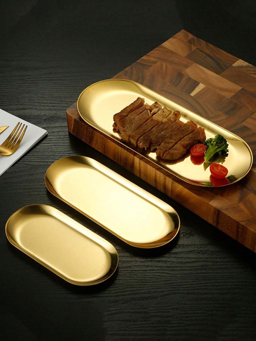 1pc Stainless Steel Oval Shaped Tray - Gold - View 1