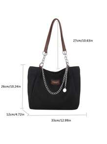 Women's Solid Color Chain Decor Shoulder Bag, Minimalist Lightweight Large Capacity Shopping Bag For Daily Office Work And Travel, Fashion Hobo Bag Crossbody Bag Handbag Backpack Back To School Teacher Appreciation Gift - 黑色 - 查看 2