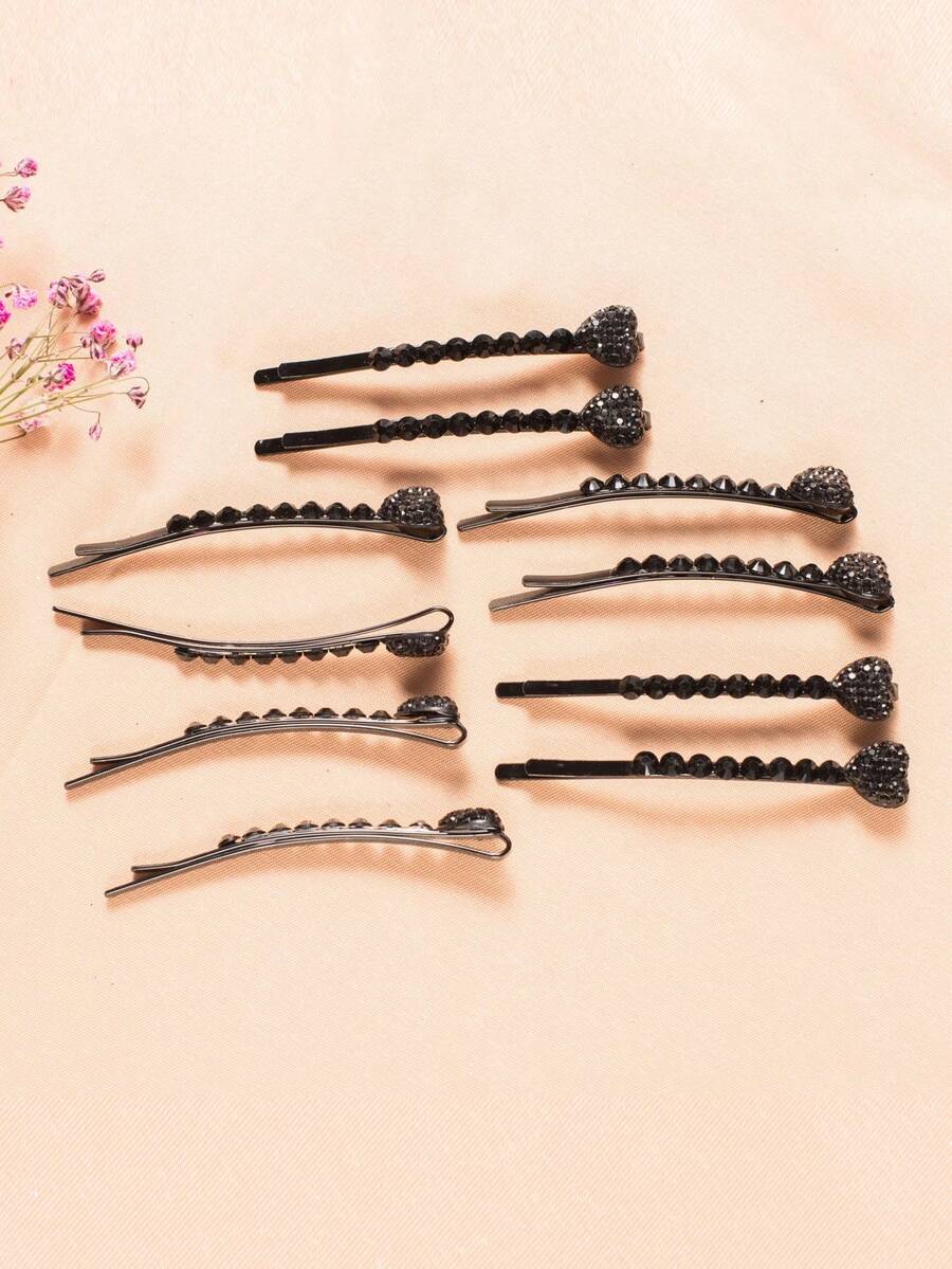10 Piezas Pasador De Cabello Minimalista De Color Sólido Con Diseño De Amor Y Decorado Con Diamantes De Imitación Y Dientes
