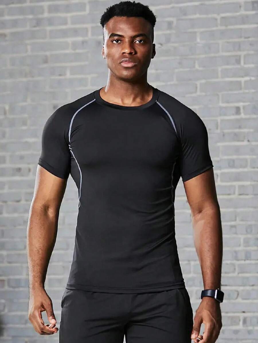 Camiseta de compresión de baloncesto, camiseta de manga corta ajustada para entrenamiento, ejercicio físico y carrera para hombres - Multicolor - Ver 1
