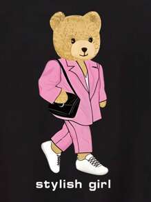 Letter And Bear Print T-Shirt - Black - View 8
