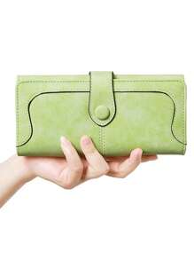 MIYIN 复古优雅缝线细节纽扣装饰女士钱包，多卡位带身份证窗口和零钱包，PU皮革对折复古信用卡夹，大容量拉链长款钱包，适合年轻女孩、女士和上班族日常使用，浅绿色 - 綠色 - 查看 3