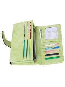 MIYIN 复古优雅缝线细节纽扣装饰女士钱包，多卡位带身份证窗口和零钱包，PU皮革对折复古信用卡夹，大容量拉链长款钱包，适合年轻女孩、女士和上班族日常使用，浅绿色 - 綠色 - 查看 6