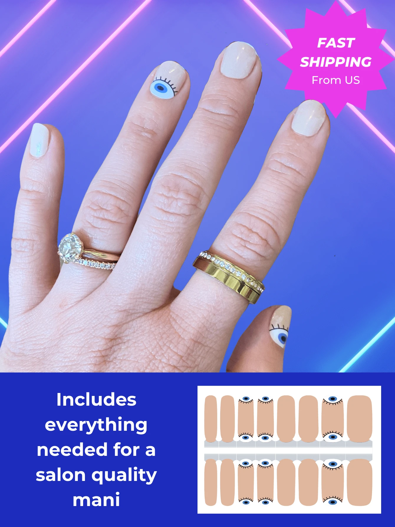 流行惡指甲貼“i See You” |包括 16 個指甲包、指甲銼、指甲棒和準備墊