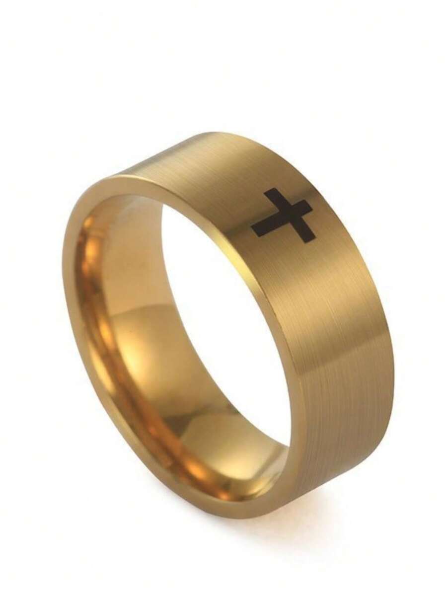 1pc New Cross Rings For Men Women 6/8mm Stainless Steel Cross Rings Couple Finger Ring Wedding Party Jewelry Gift - Gold - View 1