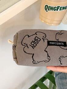 1pc/2pcs Corduroy Stationery Pencil Case, Cute Animal Print Large Capacity, Suitable For Students, Can Store Pens And Other Stationery, Ideal Gift For Students,Bag - Grey - View 6