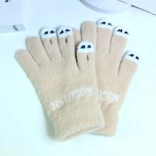 新款觸屏露指手套,保護手指,針織寫作手套,秋冬可愛卡通風格,適用於學生 - 卡其色 - 查看 5