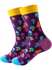 1pair Men's Fashionable Mid-Calf Socks With Mushroom Pattern For Autumn/Winter, Fall - Multicolor - View 1