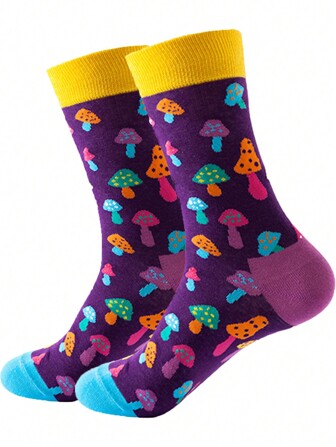 1pair Men's Fashionable Mid-Calf Socks With Mushroom Pattern For Autumn/Winter, Fall