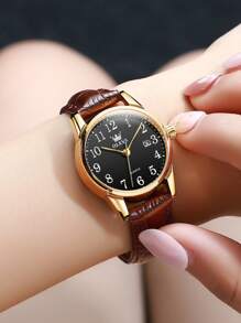 OLEVS. OLEVS Women's Business Dress Watches For Ladies Female Brown Leather Strap Small Face Dress Analog Quartz Wrist Watch With Calendar Day Date Waterproof Luminous Gift Classic Casual Retro Band - 黑色 - 查看 5