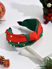 1pc Fashionable Christmas Themed Hair Hoop With Color Block & Rhinestone Decor, Winter - Green - View 1