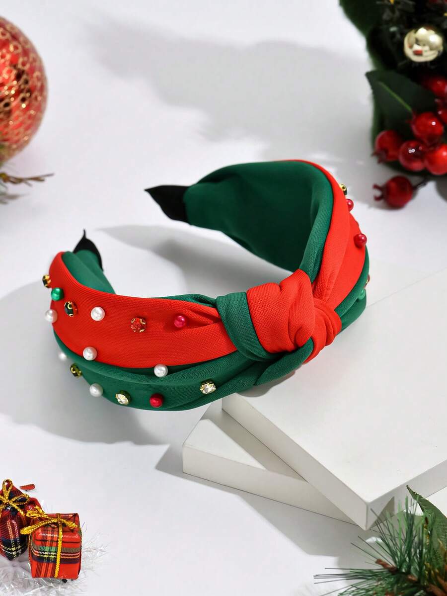 1pc Fashionable Christmas Themed Hair Hoop With Color Block & Rhinestone Decor, Winter - Green - View 1
