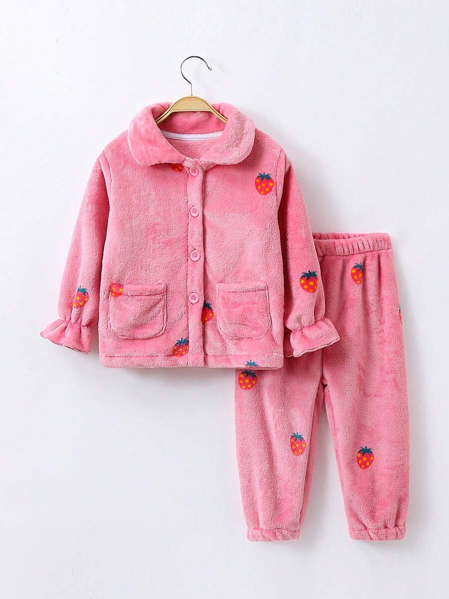 2 cái/bộ Cô gái Dễ thương Mẫu Dâu tây In Lông cừu san hô Trang phục mặc nhà Bộ Đối với Mùa thu Và Mùa Đông - Màu Hồng Tươi - Xem 1