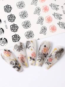 12 种图案黑白红玫瑰花朵指甲贴纸，浪漫花园花叶指甲艺术贴花水转印滑块纹身美甲 - 彩色 - 查看 4