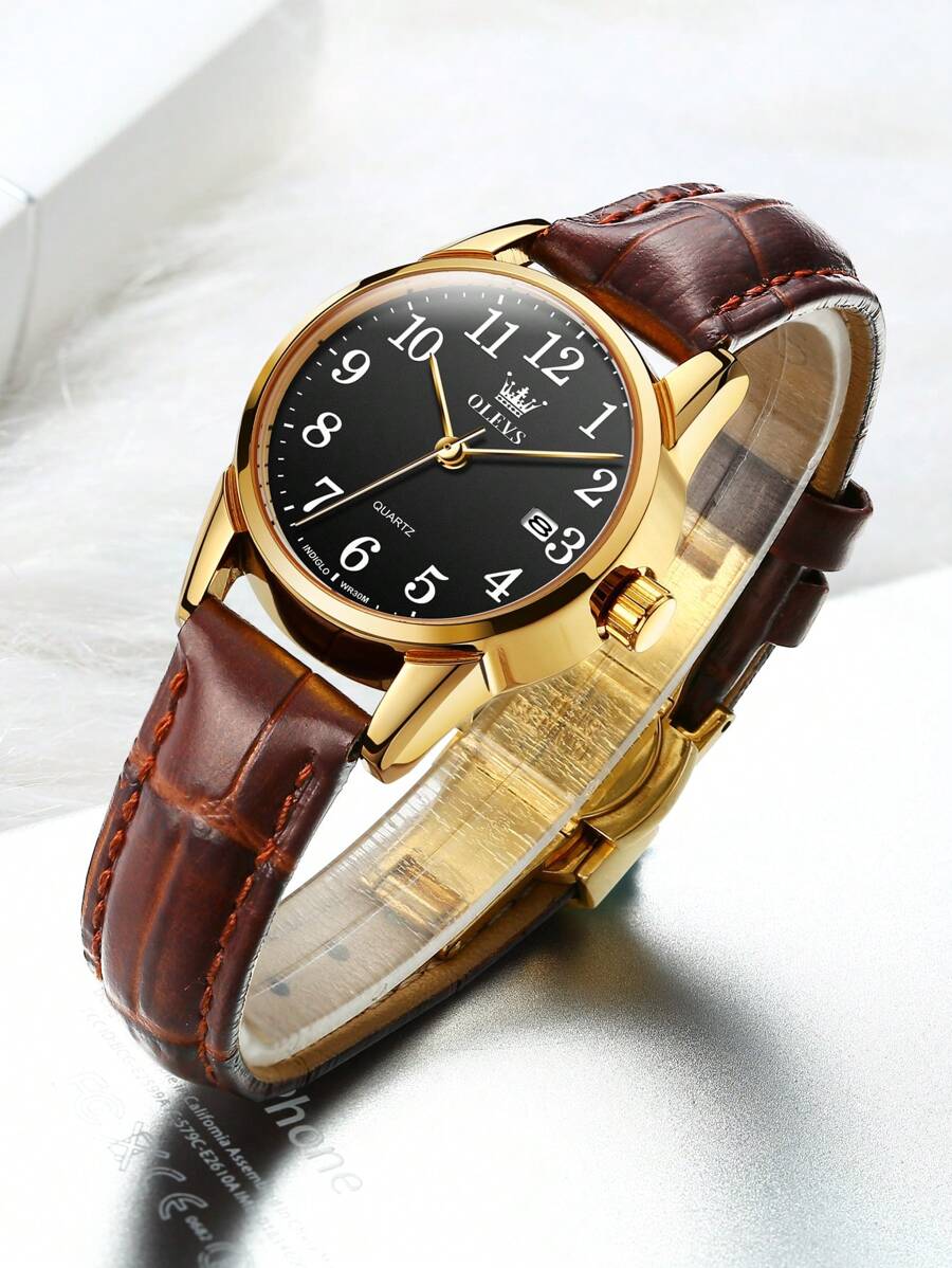 OLEVS. OLEVS Women's Business Dress Watches For Ladies Female Brown Leather Strap Small Face Dress Analog Quartz Wrist Watch With Calendar Day Date Waterproof Luminous Gift Classic Casual Retro Band - 黑色 - 查看 1