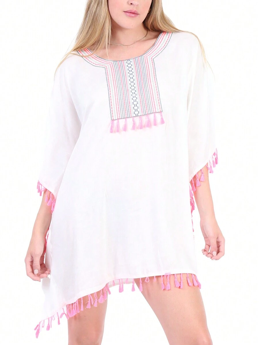 Poncho con bordado lineal - Blanco - Ver 1