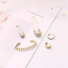 5pcs Ear Clips Women Gold Long Earrings Studs Pearl Earcuff Black Gemstone - perla - View 6