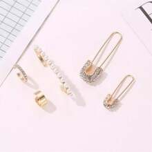 5pcs Ear Clips Women Gold Long Earrings Studs Pearl Earcuff Black Gemstone - perla - View 3