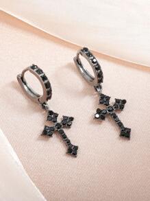 rakol 2pcs Cross & Rhinestone Decorated Punk Style Dangle Earrings - Black - View 2
