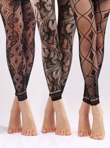 3pairs/set Women's Ultra-thin, Fashionable, Sexy Jacquard Mesh Stockings, Black - Black - View 1
