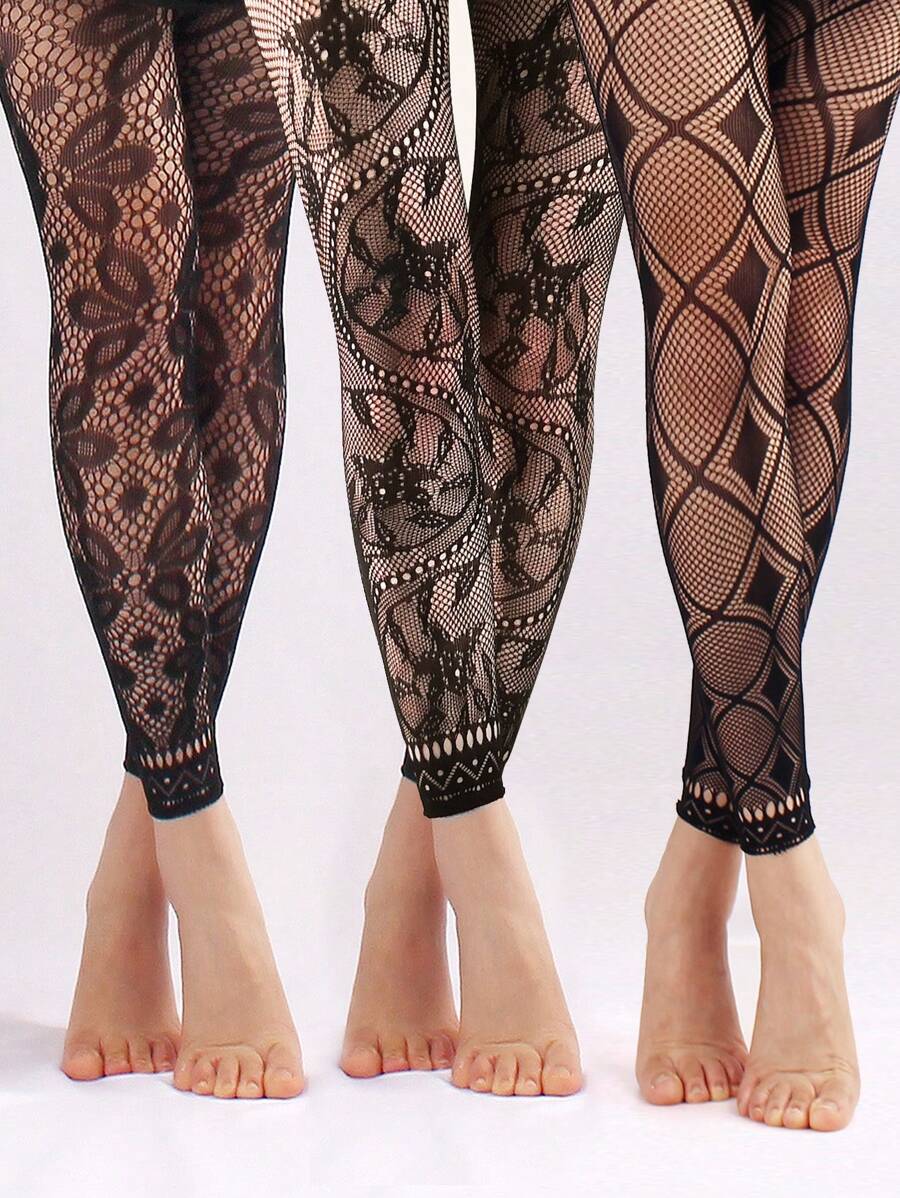 3pairs/set Women's Ultra-thin, Fashionable, Sexy Jacquard Mesh Stockings, Black - Black - View 1