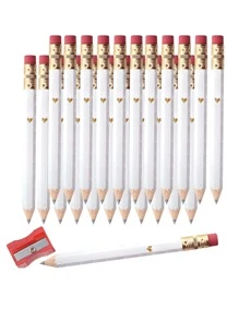 25pcs Mini Heart-Shaped Gold Foil Pencils With Erasers, 4inch/10cm Mini HB Hexagonal Golf Pencils With 1 Pencil Sharpener, Gift For Wedding (White) - White - View 2
