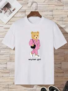 Letter And Bear Print T-Shirt - White - View 3