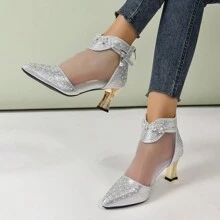 韓國風格鑲鑽網布靴女士高跟中空網布涼鞋女士厚跟後拉鍊透氣大尺碼女鞋,夏季