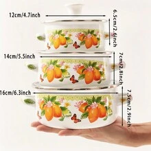 3pcs Enamel Pot Set With Glass Lids And Mini Pot, 3 Sizes Included. Suitable As Portable Outdoor/camping Kitchen Cookware, Can Be Used On Electric Stoves And Gas Stoves. Comes In Flower/melon/leaf Print. Durable And Heat Resistant For Soup Cooking And Table Serving. - lemon on white background - View 2