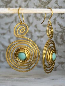 1pair Creative Wrapped Turquoise Spiral Circle Layered Earrings - Gold - View 1