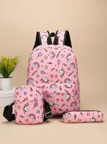 3pcs/set Fashionable Cartoon Girl Printed Nylon Backpack, Schoolbag With Large Capacity - Pink - View 1