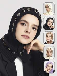 1入歐美風格新款巴洛克設計針織帽,具有保護頸部、防風、保暖和銀絲鑲珠裝飾,適用於休閒、旅遊、戶外活動和送禮(黑色銀絲鑲珠)