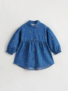 女童時尚滿底刺繡花苞袖翻領長袖牛仔連衣裙 秋季