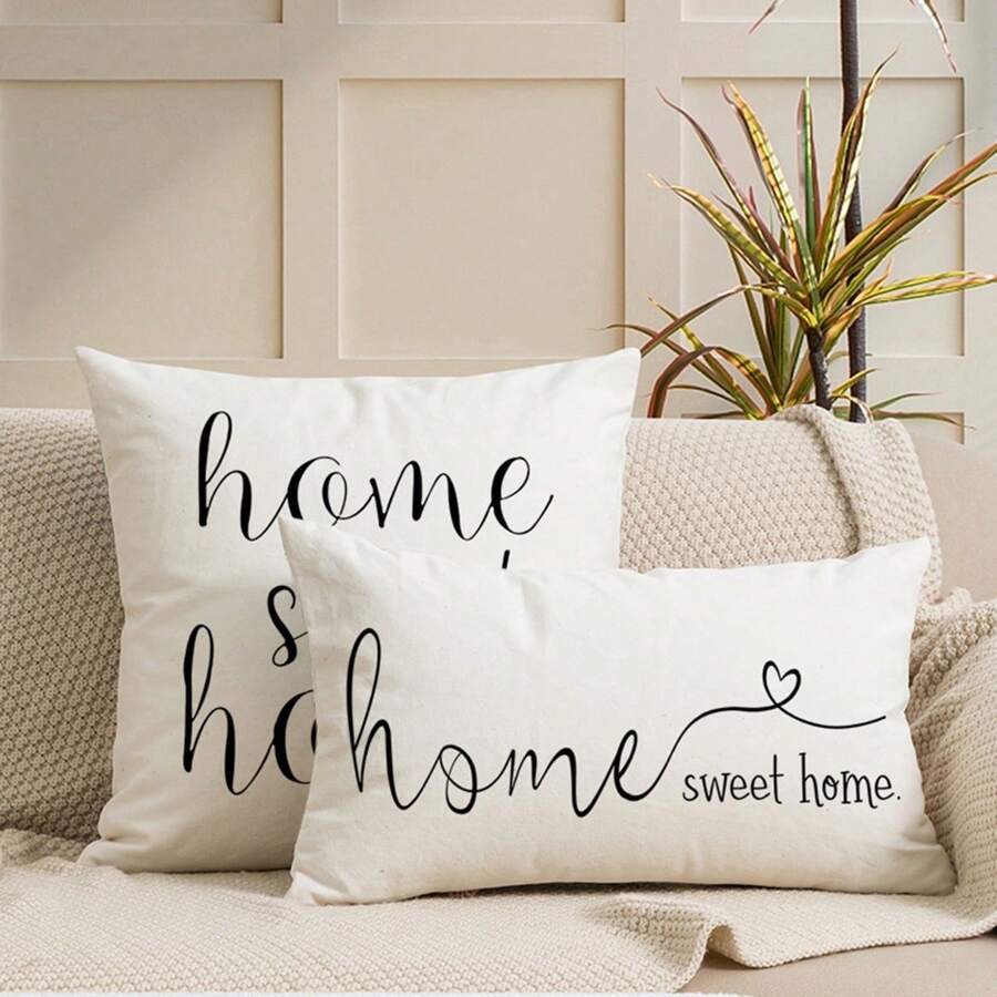 A Cushion Cover With Home Slogan Pattern, Modern And Simple Imitation Linen With Hidden Zipper And Single-sided Printing, Without Pillow Core, Suitable For Living Room And Bedroom Decoration - White - View 1