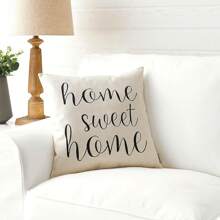 A Cushion Cover With Home Slogan Pattern, Modern And Simple Imitation Linen With Hidden Zipper And Single-sided Printing, Without Pillow Core, Suitable For Living Room And Bedroom Decoration - White - View 4