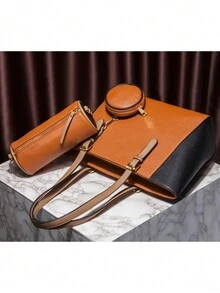 三件套棕色时尚女士手提妈妈手提包、单肩包和斜挎包