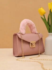 Autumn Winter Fashionable Soft Furry Chain Strap Crossbody Bag, Fluffy Material Wristlet Handbag For Casual Street Wear, Perfectly Matching With Fall Outfits Women - Pink - View 2
