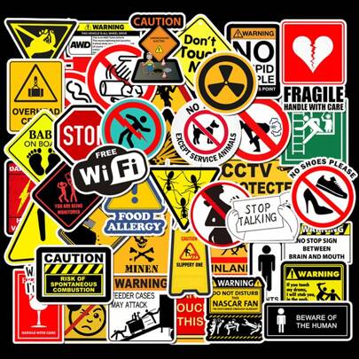 50pcs Waterproof Removable Warning Sign Stickers, Luggage Stickers, Motorcycle Stickers, Waterproof Graffiti Stickers, Removable Back To School Stickers