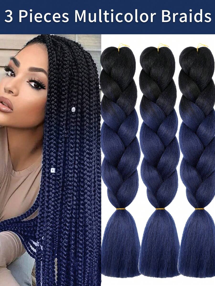 Tóc tết màu xanh ombre dài 24 inch, 3 sợi tóc tết móc nhiệt độ cao đã duỗi sẵn cho lễ hội âm nhạc Carnival mừng Giáng sinh năm mới - Nhiều màu - Xem 1