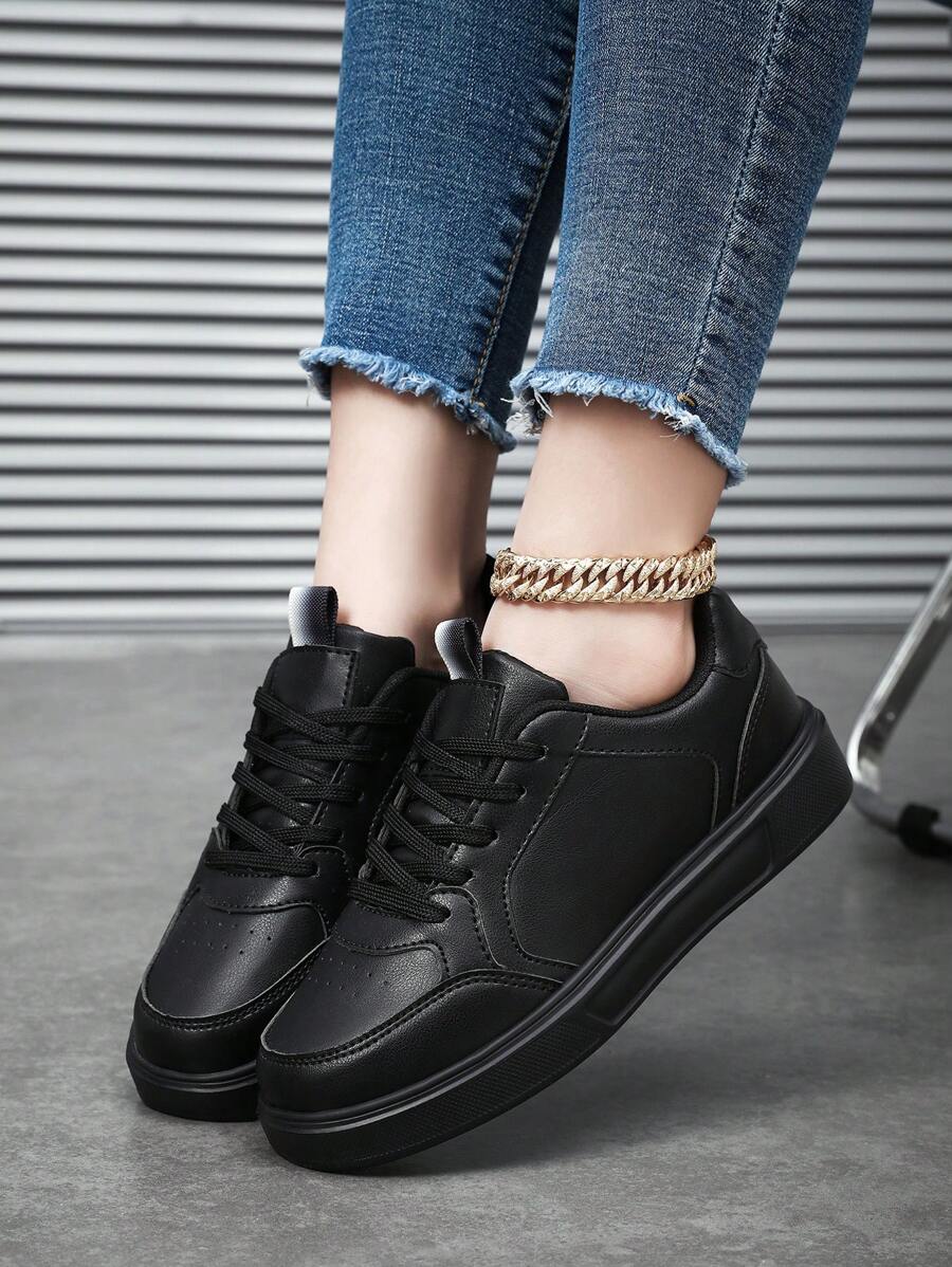 Women's Black Fashionable Casual Sports Color-Blocked Sneakers, Suitable For All Seasons - Black - View 1