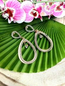 Large Drop Shape Hoop Earrings With Shiny Stones For Women - Golden 1 Pair - View 1