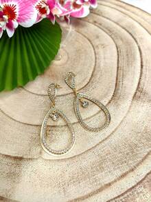 Large Drop Shape Hoop Earrings With Shiny Stones For Women - Golden 1 Pair - View 2