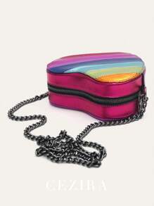 CEZIRA CEZIRA Heart Decor Double Handle Purse Elegant Solid Color Handbag Women's Zipper Shoulder Bag For Work Novelty Heart Shape Purse Contrast Color Rainbow Stripe Women PU Vegan Leather Shoulder Bags Long Chain Cross Body Handbags, Fashionable Rainbow Bag, Fashionable Colorful Purse For Women, Fashionable Heart Purse, Perfectly Match With Valentine's Day Dress