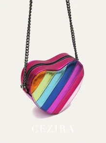CEZIRA CEZIRA Heart Decor Double Handle Purse Elegant Solid Color Handbag Women's Zipper Shoulder Bag For Work Novelty Heart Shape Purse Contrast Color Rainbow Stripe Women PU Vegan Leather Shoulder Bags Long Chain Cross Body Handbags, Fashionable Rainbow Bag, Fashionable Colorful Purse For Women, Fashionable Heart Purse, Perfectly Match With Valentine's Day Dress