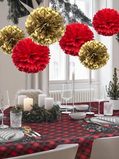 Kit Di 6 Pezzi Di Palline Di Fiore Di Carta Decorativa Rosse E Dorate Fai-da-te Con Pom Pom Di Tessuto Per Feste Di Natale, Capodanno, Matrimonio, Baby Shower, Laurea, Compleanno E Decorazione Appesa Per Esterno E Interno Di Casa
