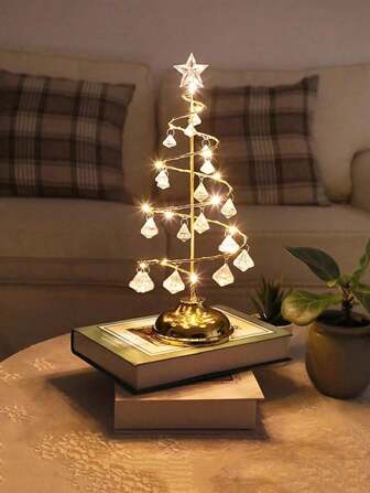 1pc Christmas Decoration Electroplated Iron Art Light Up Crystal Christmas Tree Night Light Xmas Gift Decoration