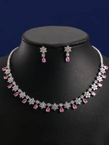 3入組華麗女士珠寶套裝,時尚立體氧化鋯石花朵裝飾,水滴吊墜,適合婚禮晚宴襯托頸部美感,結婚週年紀念禮品 - 套裝 - 查看 5