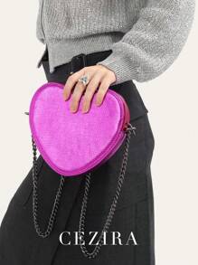 CEZIRA CEZIRA Heart Decor Double Handle Purse Elegant Solid Color Handbag Women's Zipper Shoulder Bag For Work Novelty Heart Shape Purse Contrast Color Rainbow Stripe Women PU Vegan Leather Shoulder Bags Long Chain Cross Body Handbags, Fashionable Rainbow Bag, Fashionable Colorful Purse For Women, Fashionable Heart Purse, Perfectly Match With Valentine's Day Dress