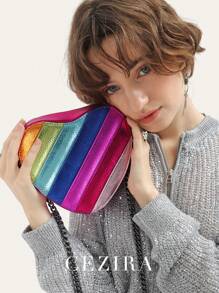 CEZIRA CEZIRA Heart Decor Double Handle Purse Elegant Solid Color Handbag Women's Zipper Shoulder Bag For Work Novelty Heart Shape Purse Contrast Color Rainbow Stripe Women PU Vegan Leather Shoulder Bags Long Chain Cross Body Handbags, Fashionable Rainbow Bag, Fashionable Colorful Purse For Women, Fashionable Heart Purse, Perfectly Match With Valentine's Day Dress
