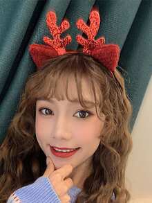 1pc Adult Deer Antlers & Fluffy Cat Ears Christmas Headband, Sweet And Lovely, Hair Hoop/Crown, Cosplay Hair Accessory Deer Ears - Red - View 2